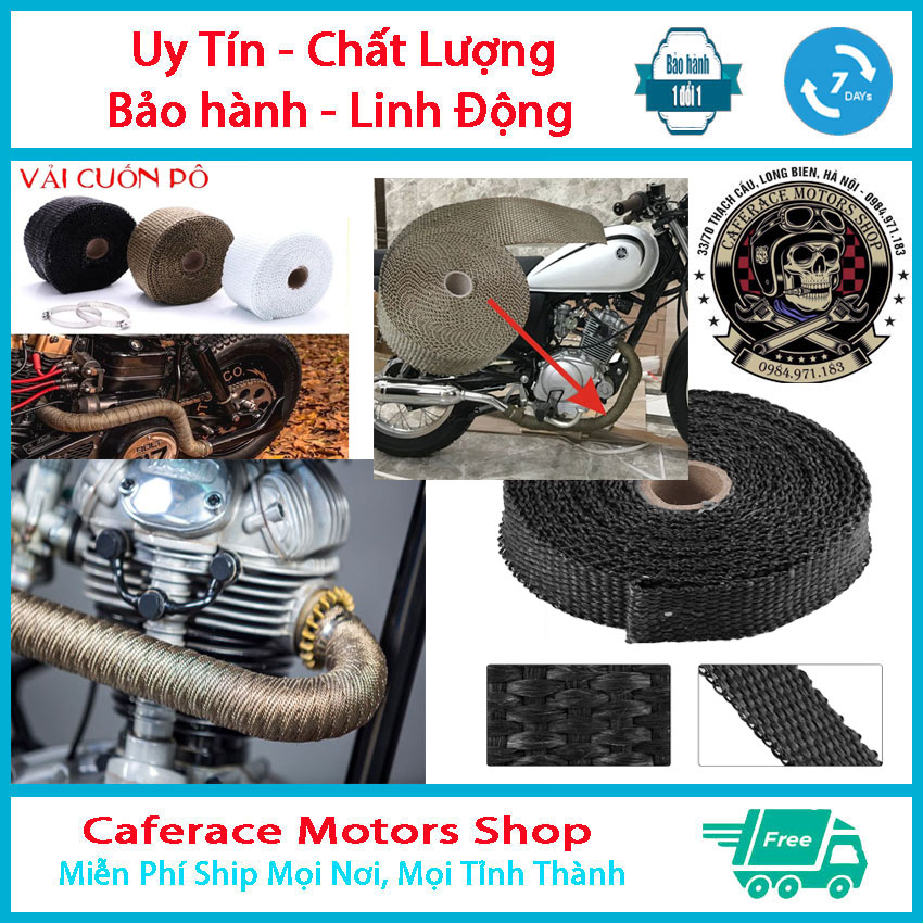 Dây cuốn bọc bô, vải cuốn chống nóng dây thủy tin cuốn bô,Caferace motors shop,0984971183,Tracker, Bobber, Chopper, Street Cub, Scramler, Brat