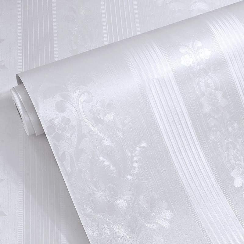 10 mét giấy dán tường vân nổi có keo sẵn khổ rộng 45cm - mẫu hoa văn sọc trắng cổ điển, hồng cổ điển.