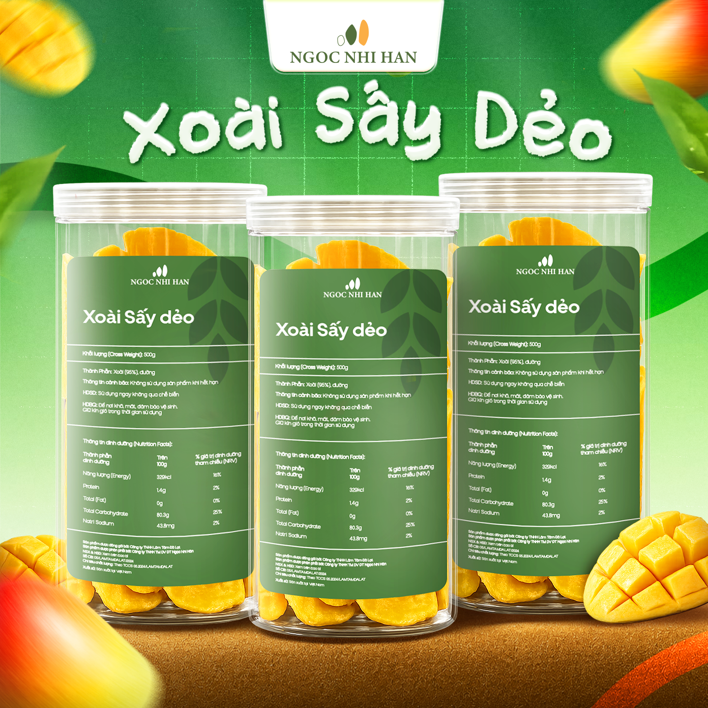 Xoài Sấy Dẻo Ngọc Nhi Hân Hộp Nhựa 500g - Xoài Sấy Chua Ngọt, Mềm Dẻo, Ăn Vặt Tiện Lợi