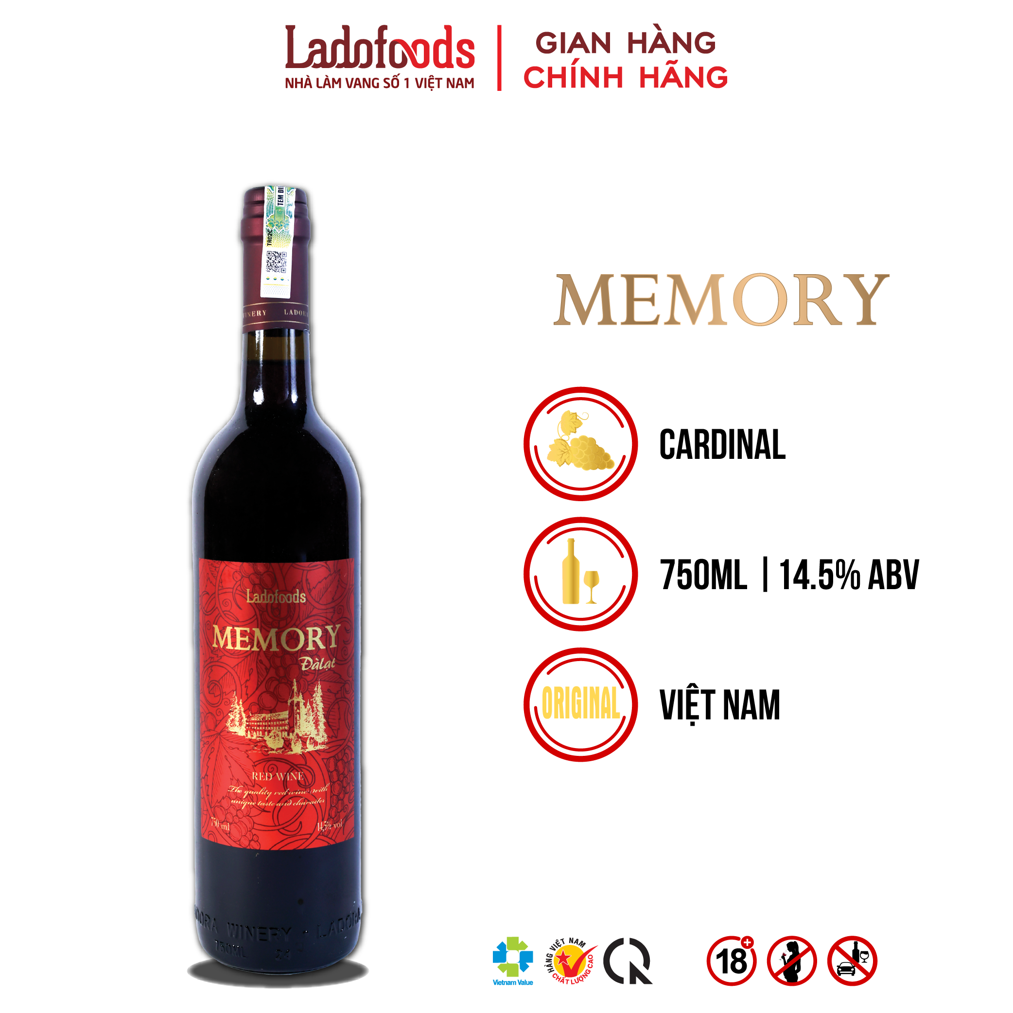 Rượu Vang Đỏ Memory Đà Lạt 14.5% 750ml