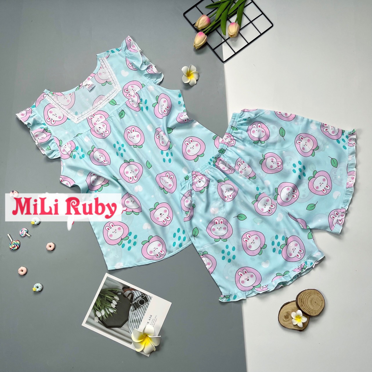 Bộ lanh mặc nhà, đồ bộ tole nữ quần đùi,cổ ren có túi -Shop MiLi Ruby