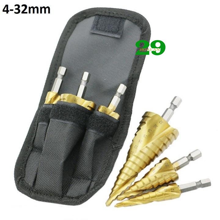 [Mua Để Nhận Quà] Bộ 3 mũi khoan tháp titanium xoắn 4-32mm khoan sắt,nhôm...trục 6.35mm Tặng Găng Tay bảo hộ