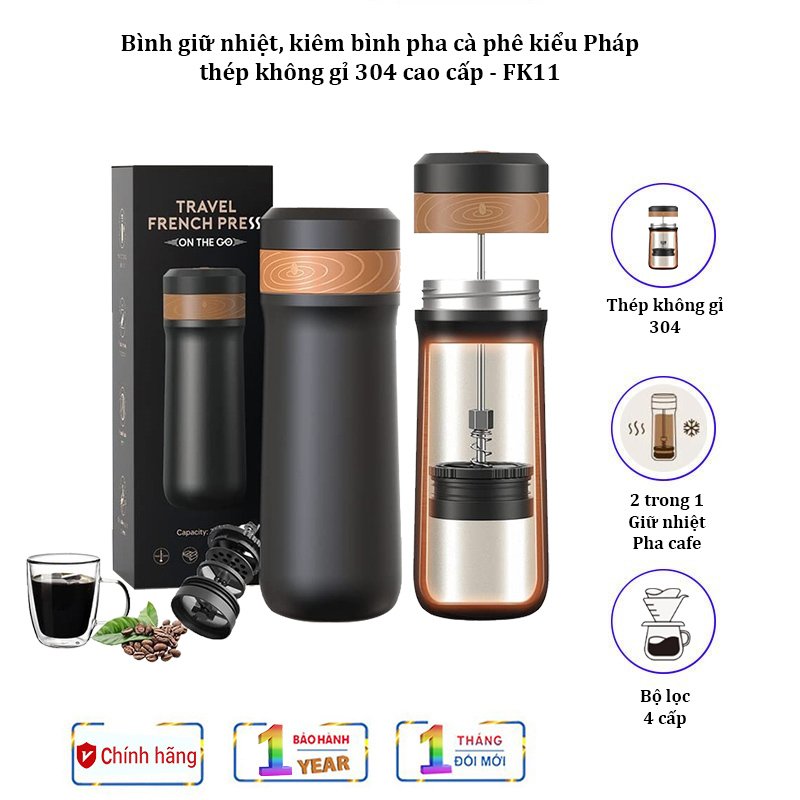 Bình giữ nhiệt kiêm pha cà phê kiểu Pháp, pha trà cầm tay thương hiệu iCafilas FK11