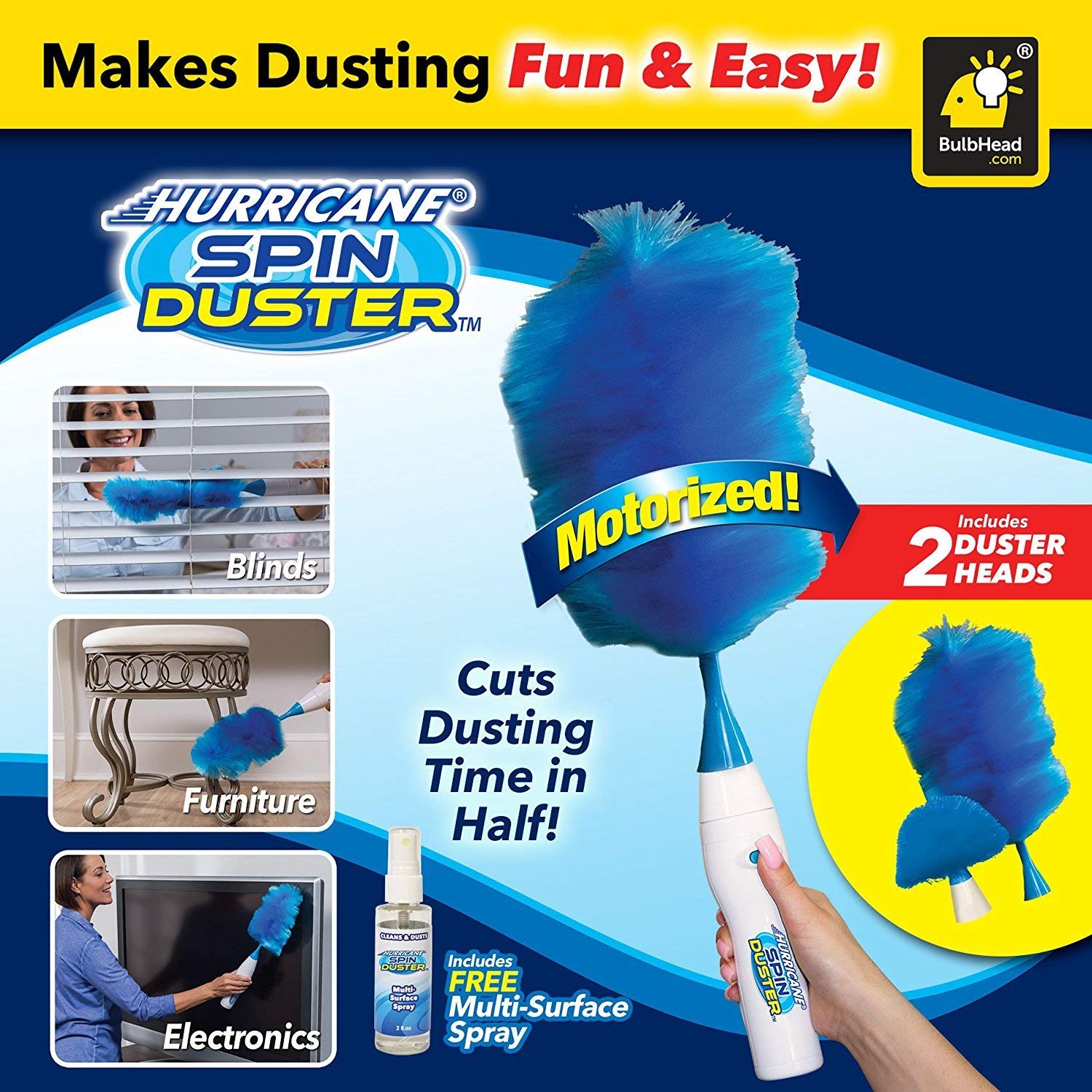 Chổi quét trần, phủi lau bụi bằng điện thông minh Huricane Spin Duster sử dụng pin AA, chổi quét bụi