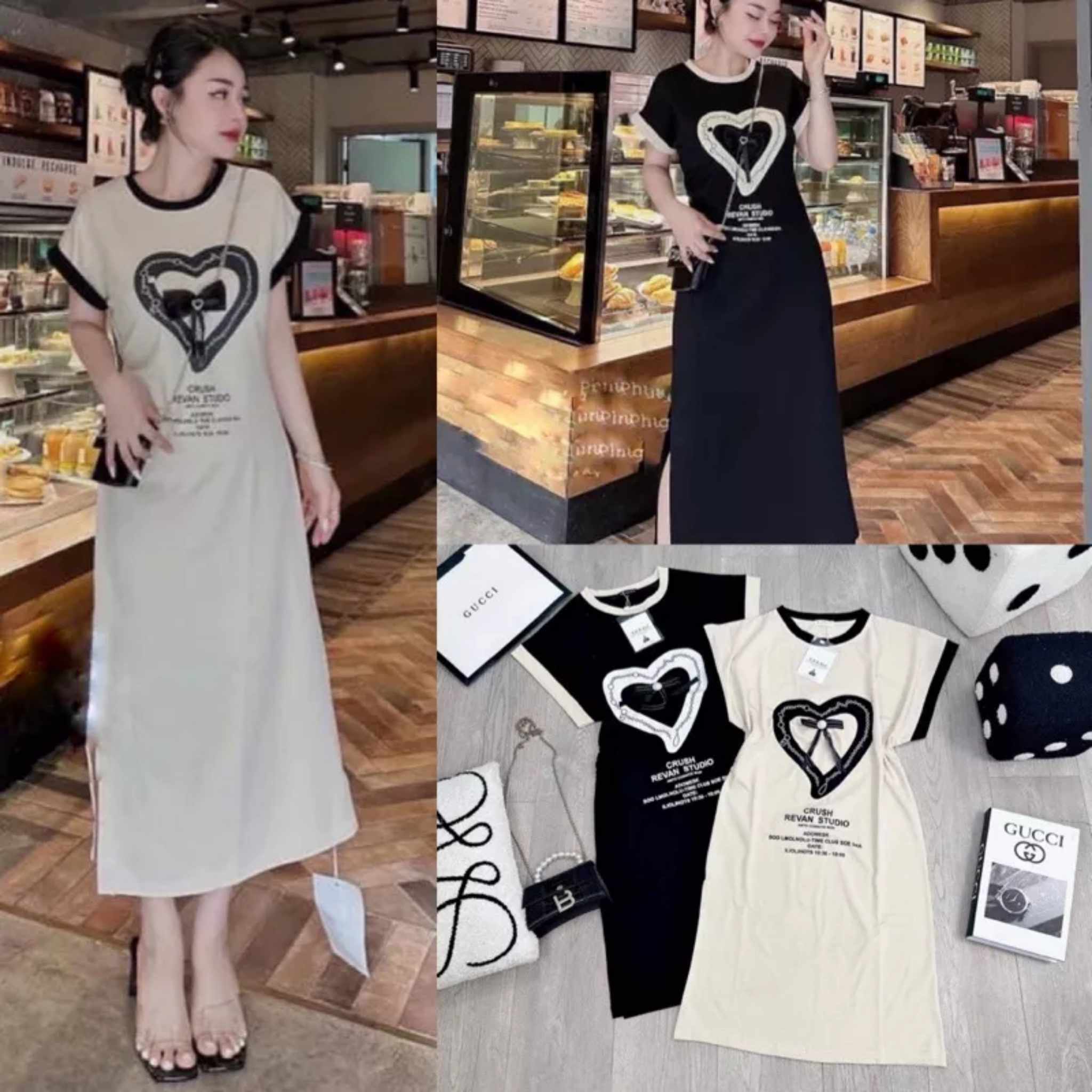 Đầm suông from rộng phối viền tay kèm nơ gài xinh xắn