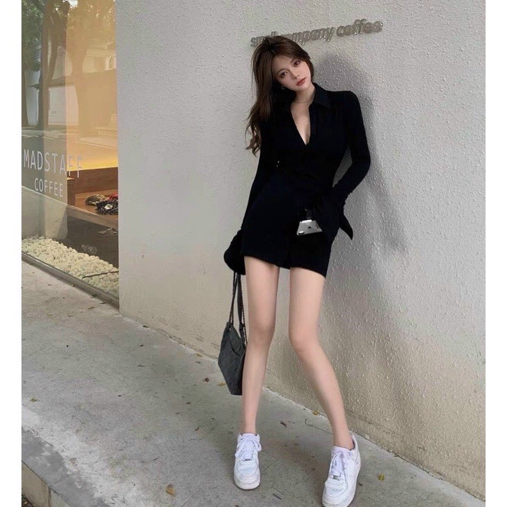 Đầm body tay dài kiểu cổ sơ mi phối nút sexy quyến rũ cá tính, free size dưới 56kg