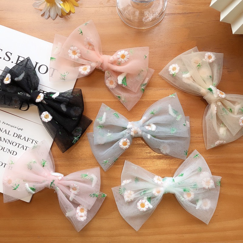 KẸP TÓC NƠ HOA CÚC THÊU K, CỘT TÓC VẢI THỜI TRANG NỮ HOT TREND