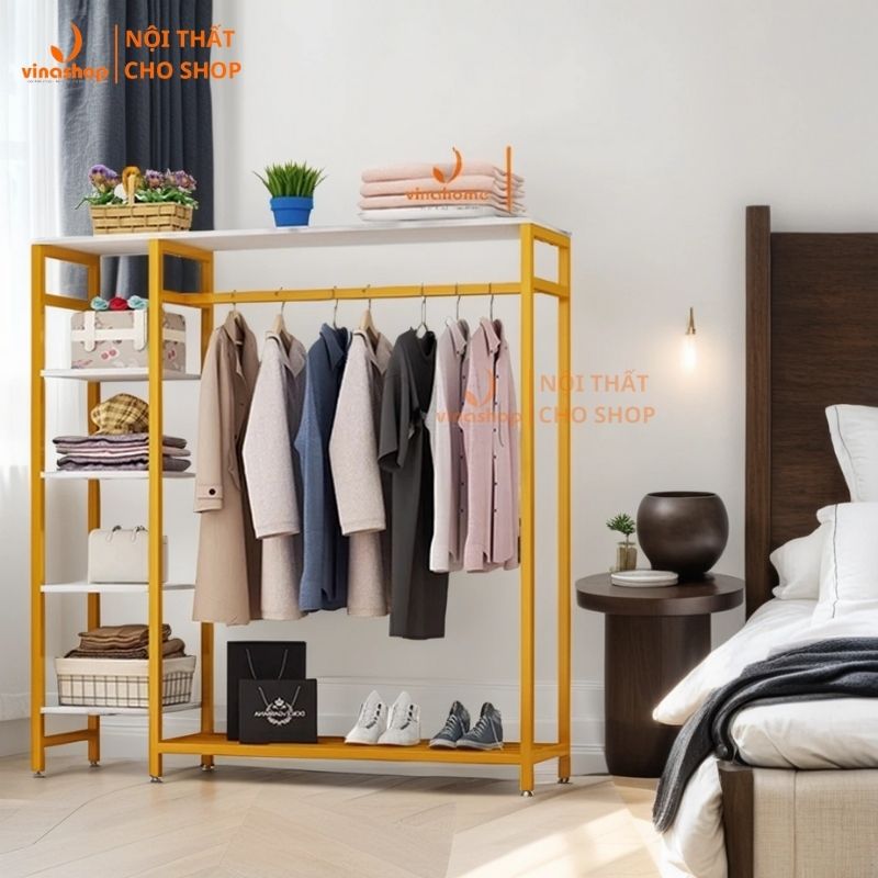 VNH-507 Kệ treo, giá treo quần áo kèm kệ để đồ khung sắt mặt gỗ bền chắc, đa năng, tiện lợi