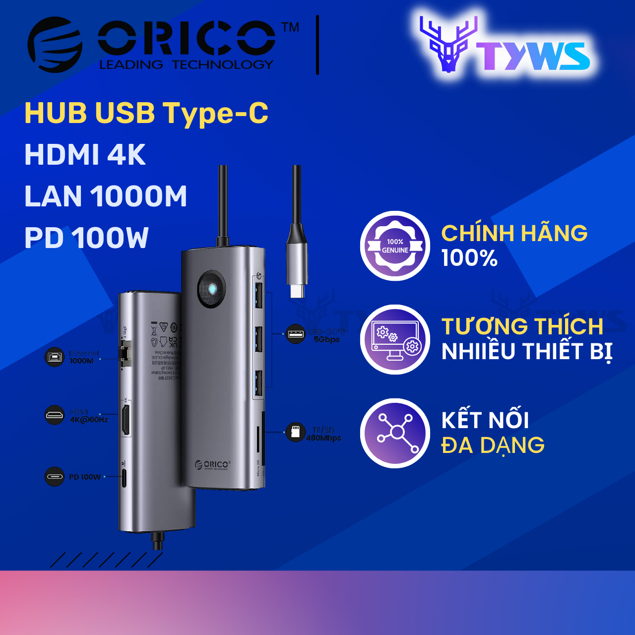 Hub usb type-c cho macbook/laptop sang hdmi 4k orico pw11