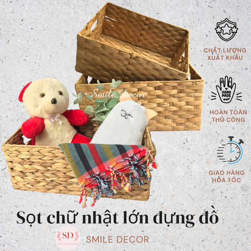 Giỏ đựng đồ đa năng hình chữ nhật đan lục bình cỡ lớn Smile Decor có lỗ tay cầm