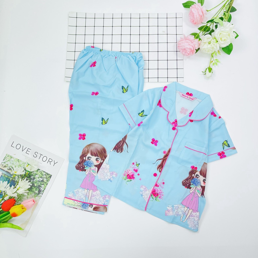 Đồ bộ trẻ em pijama lụa satin thiết kế tay ngắn quần dài size 7 (16-17kg) Thaovy kids (giao mẫu ngẫu nhiên) vãi lụa tốt