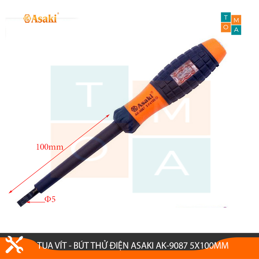 Tua vít - bút thử điện 2 cạnh asaki ak-9087 5x100mm, tua vít 2 cạnh kiêm bút thử điện