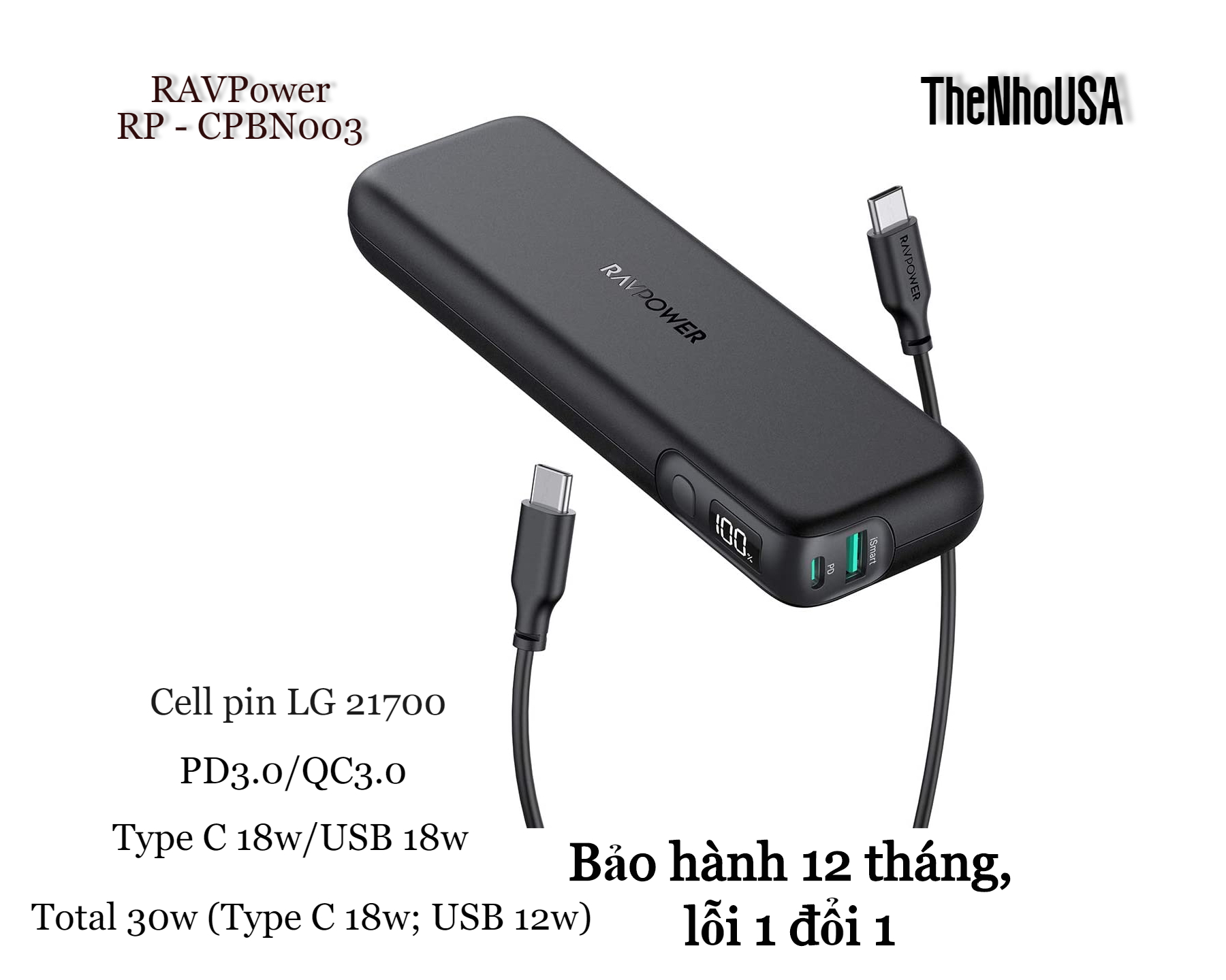 Sạc dự phòng RAVPower 15000mAh - 30w (PD3.0 18w - USB 12w) (RP-CPBN003)
