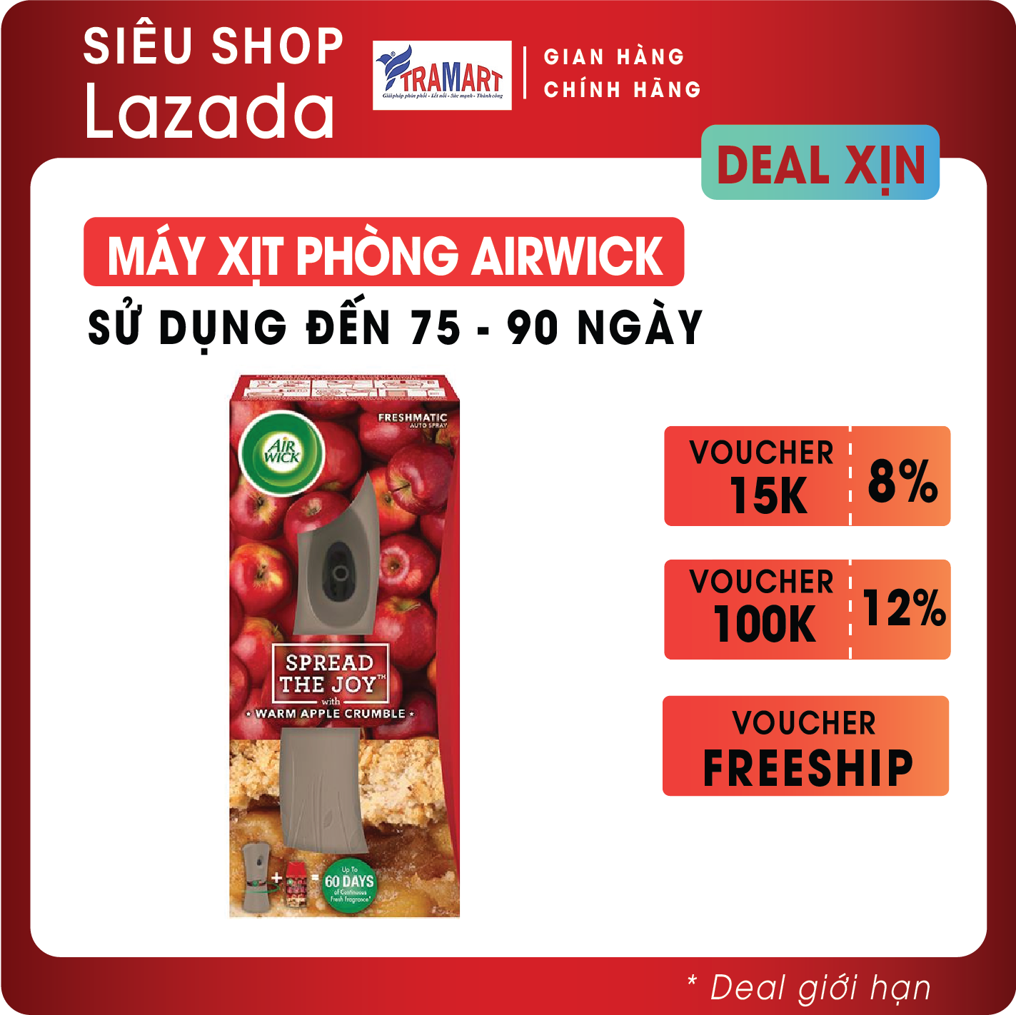 Máy xịt thơm phòng tự động Airwick AWK8411 Warm Apple Crumble 250ml