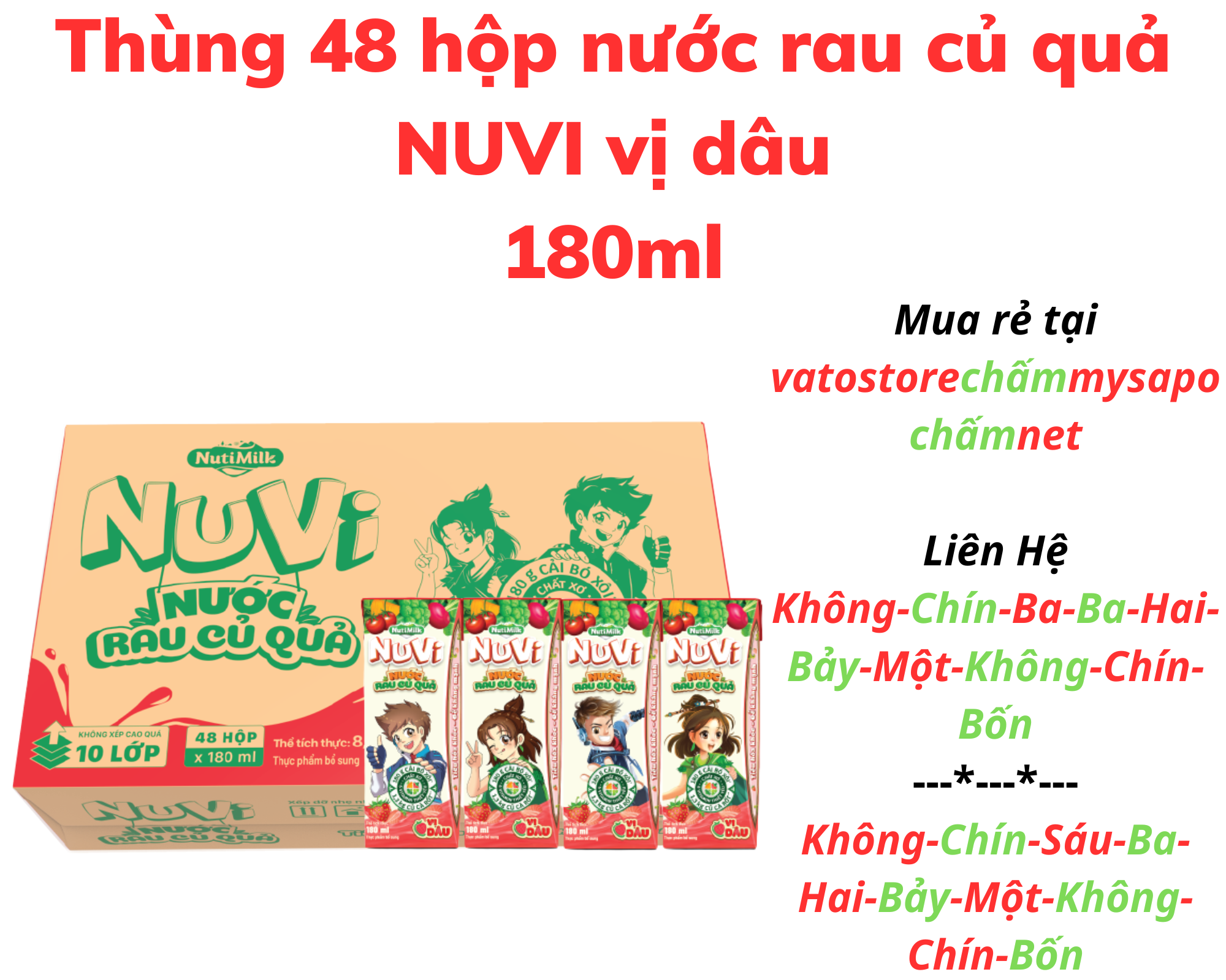 Thùng 48 hộp nước rau củ quả NUVI vị dâu 180ml / Combo 12 hộp nước rau củ quả NUVI vị dâu 180ml