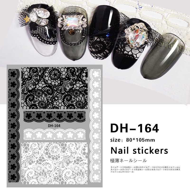 Sticker hoa văn hoạ tiết ren 3D trang trí móng tay Nail, hình dán hoạ tiết ren 3D hoa văn trắng đen