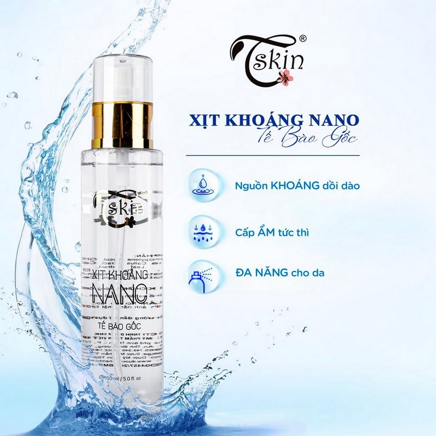 Xịt khoáng dưỡng ẩm cho da mặt, khóa makeup, da khô Tskin 150ml