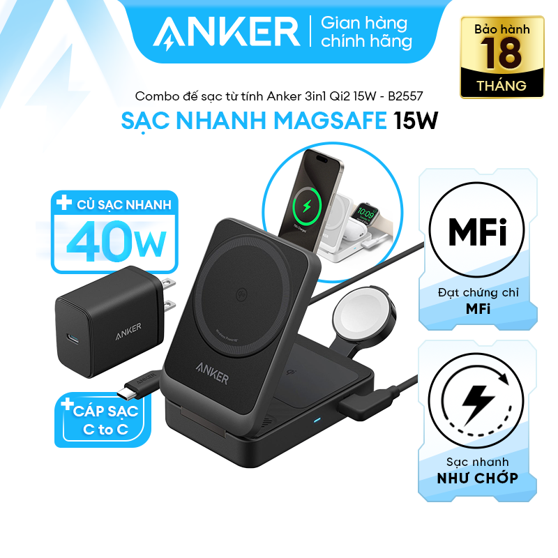 Combo đế sạc từ tính Anker 3in1 Qi2 15W kèm Củ sạc 40W và Cáp sạc - B2557