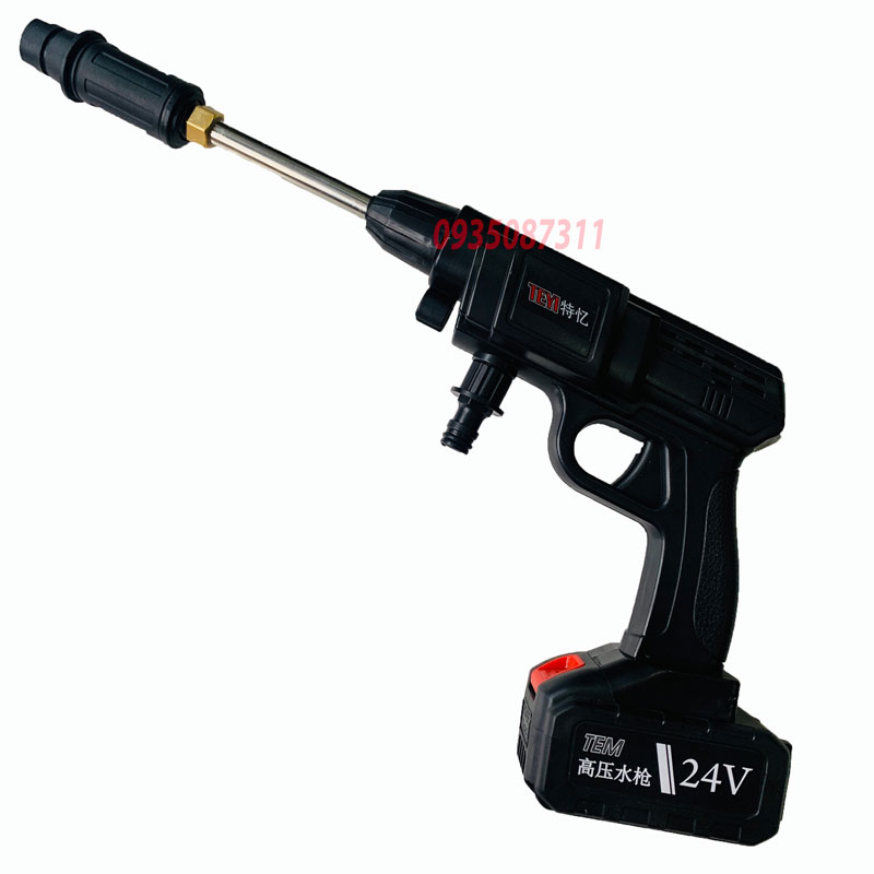 Máy rửa xe xịt rửa cầm tay dùng pin 24v tem - pin 10 cell - béc chỉnh trực tiếp