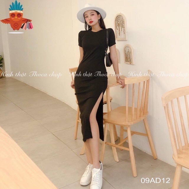 Váy body - đầm body cộc tay xẻ tà form ôm dáng vải cotton co giãn