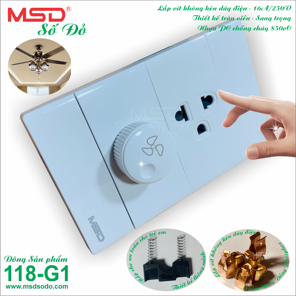 DIMMER - CHIẾT ÁP QUẠT ÂM TƯỜNG 300W + Ổ CẮM ĐIỆN 3 CHẤU 15A