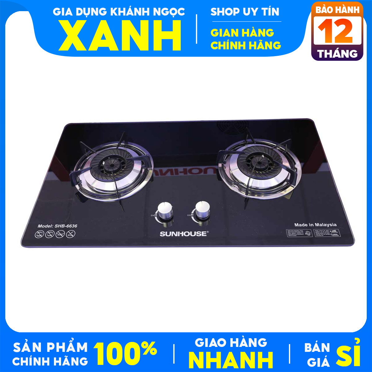 Bếp gas âm sunhouse shb 6636 hàng trưng bày +tặng dây ga,cổ dê, ngắt gas tự động, đánh lửa ic bảo hành 24 tháng