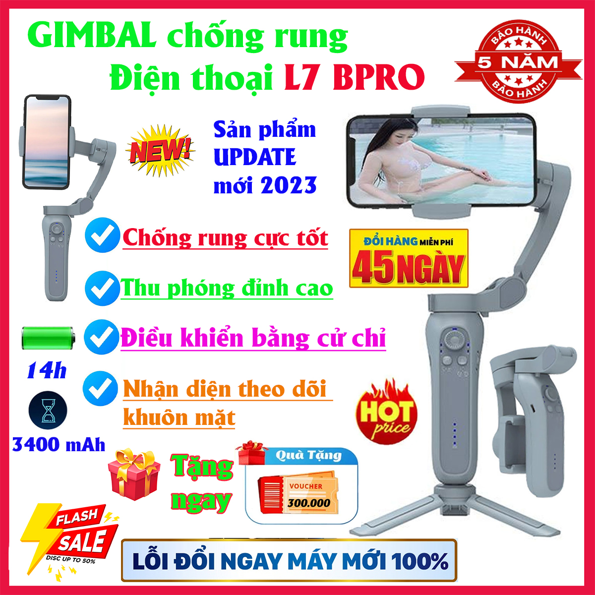 Gậy quay phim chống rung gimbal L7B, Tay cầm chống rung tự động cân chỉnh, chuyển cảnh mượt mà, xoay 360 độ, Gimbal tốt hơn dji osmo 5, smooth 4, dji osmo mobile 6, dji osmo 6, zhiyun smooth 4