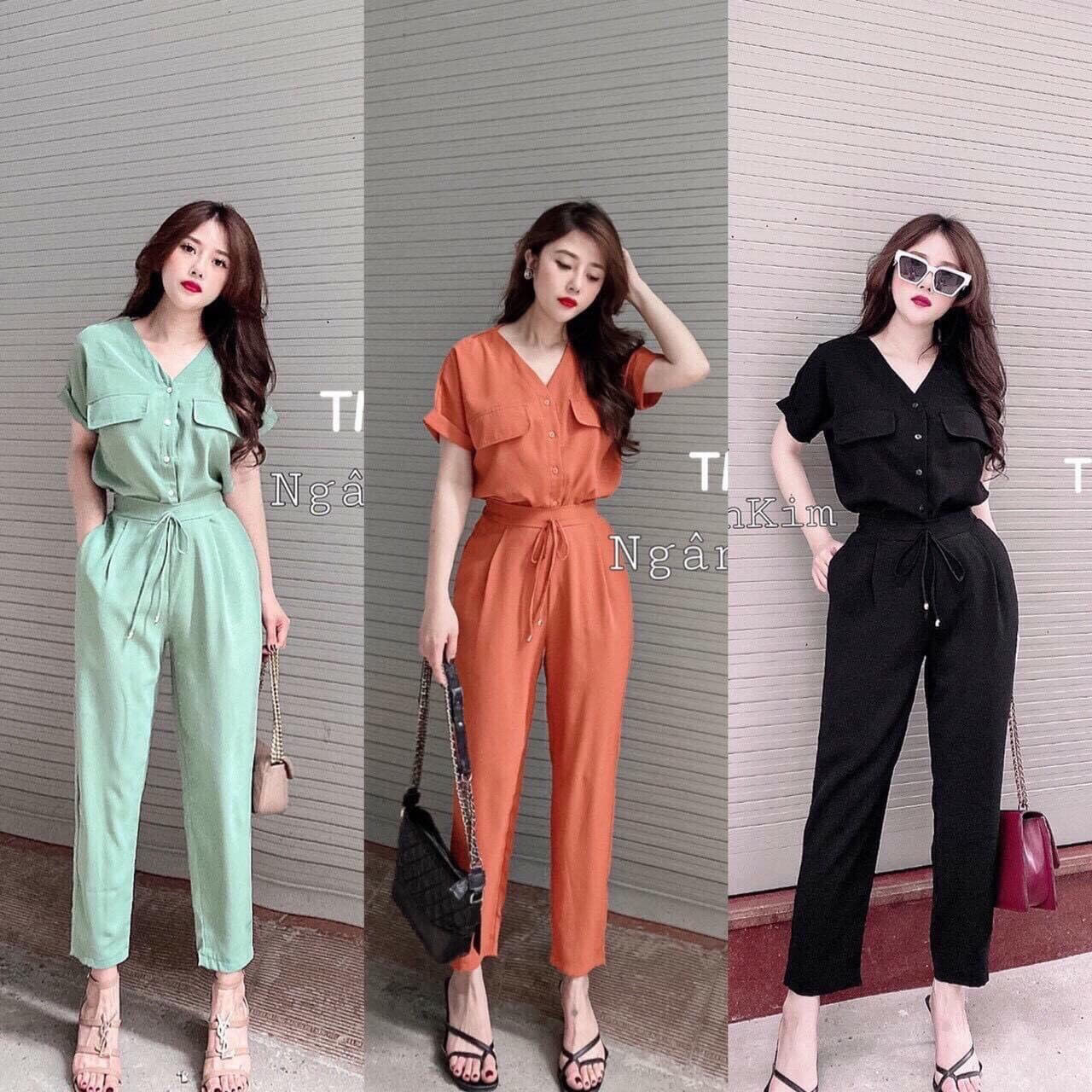 Set áo cổ tim tay ngắn cài nút và quần dài