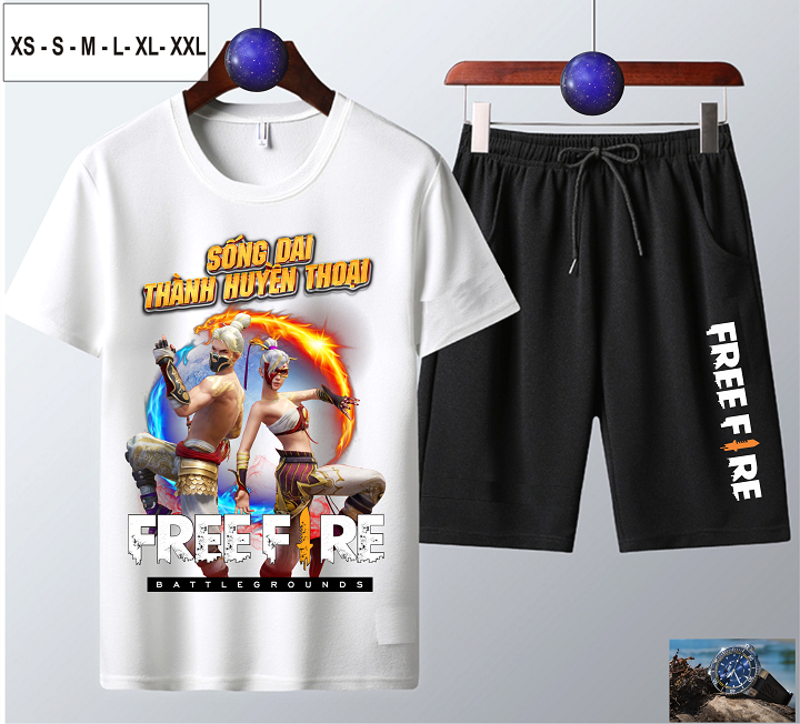 Bộ áo thun trắng + quần short nam in hình free fire giá siêu sock - thích khách âm dương