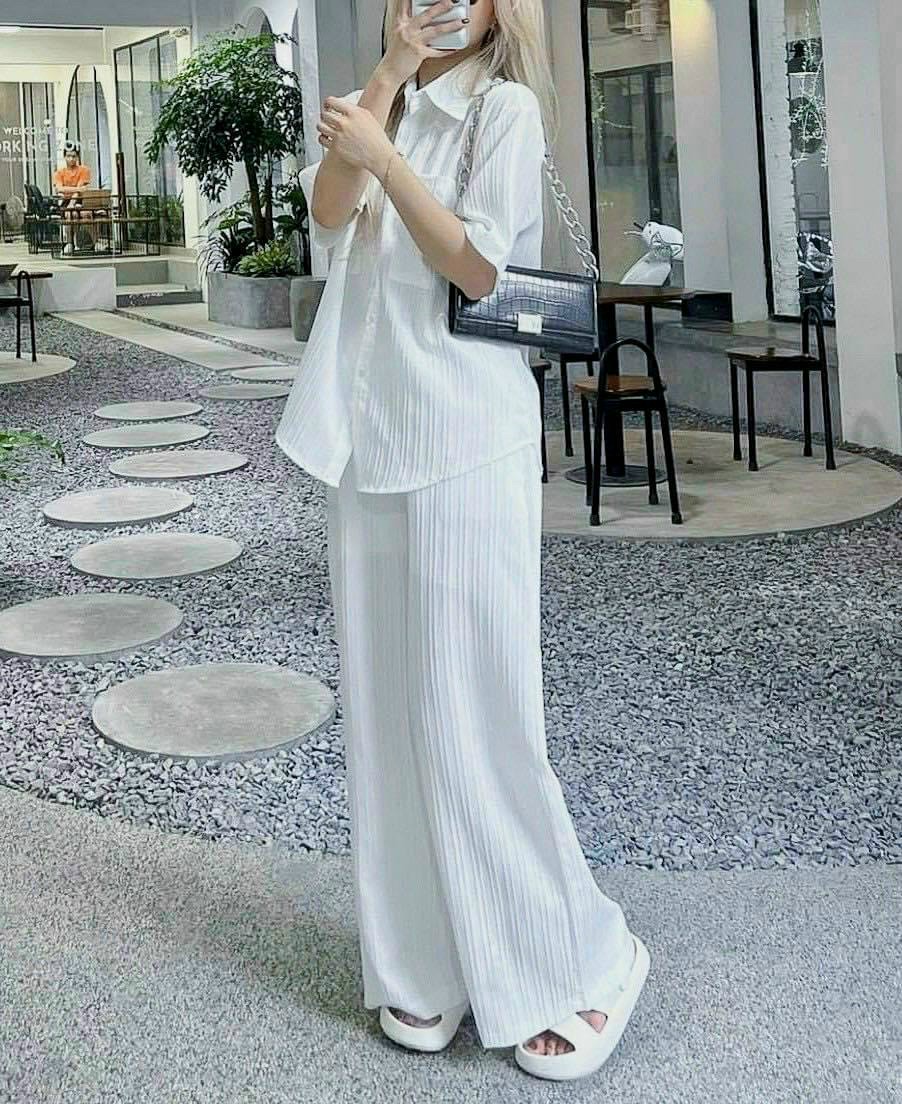 Sét bộ áo ngắn tay cổ sơ mi kèm quần dài ống rộng siêu xinh