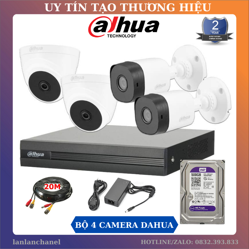 Trọn Bộ 4 Mắt Camera Dahua 2.0MP & Đầu Ghi Hình Dahua 4 Kênh XVR-1A04, Tặng Kèm Ổ Cứng 500GB và Dây HDMI 1,5M, Nguồn và Dây
