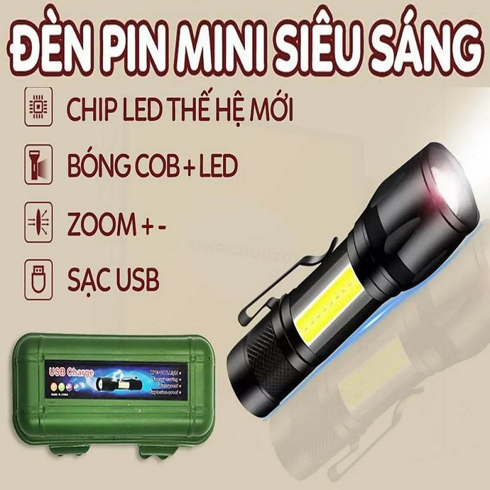 Đèn pin siêu sáng mini bin sạc điện usb bóng led xpe cob có zoom chống nước cầm tay chuyên dụng