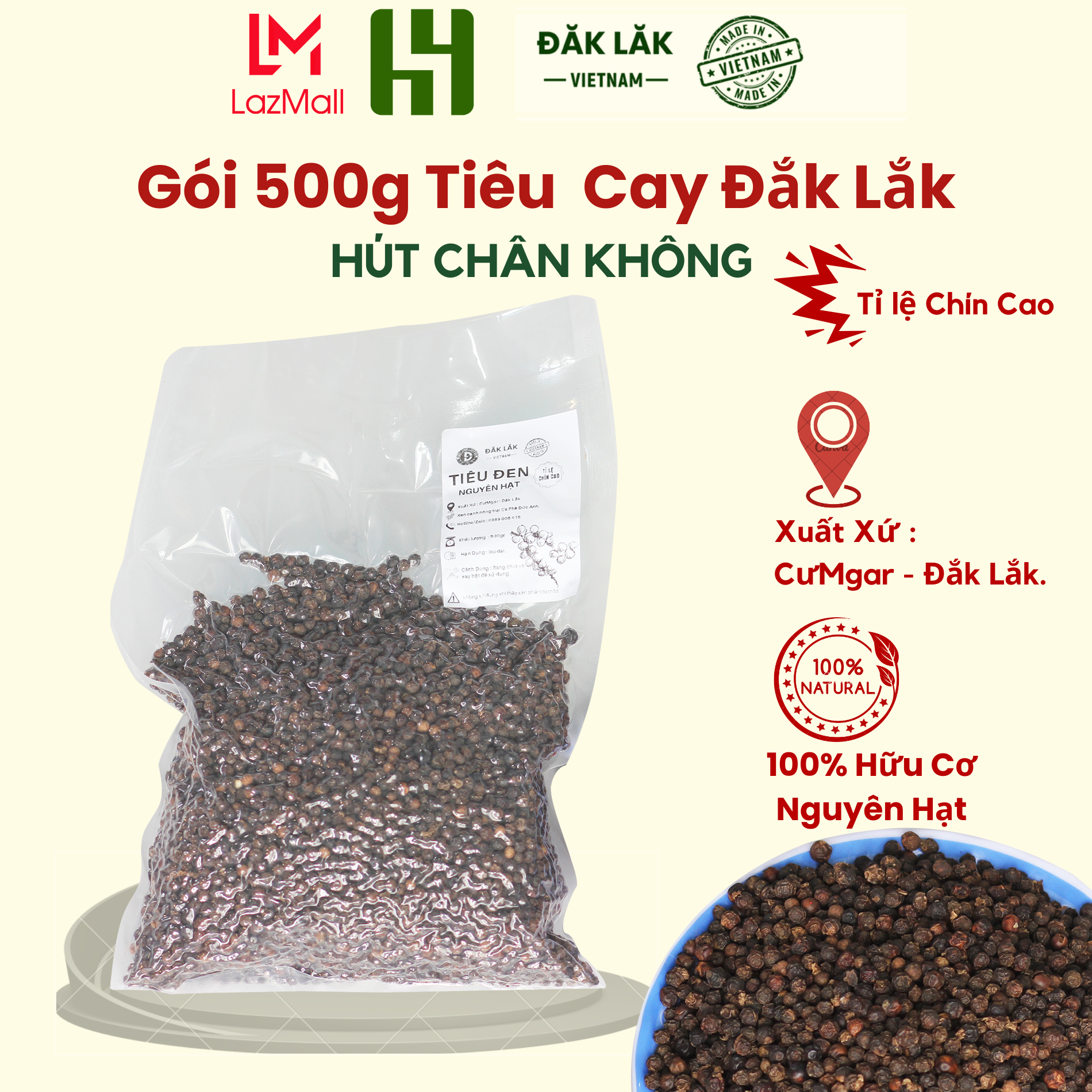 Tiêu Nguyên Hạt Đăk Lăk Chọn Lọc Chín Đỏ Cay Thơm dùng gói bánh chưng hoặc nêm nếm món ăn làm gia vị canh tác hữu cơ tự nhiên Tiêu Đen HỌ HỒ