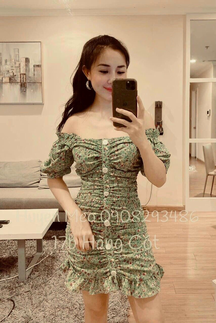 Váy đầm nhún hoa lá bèo bệt vai dễ thương