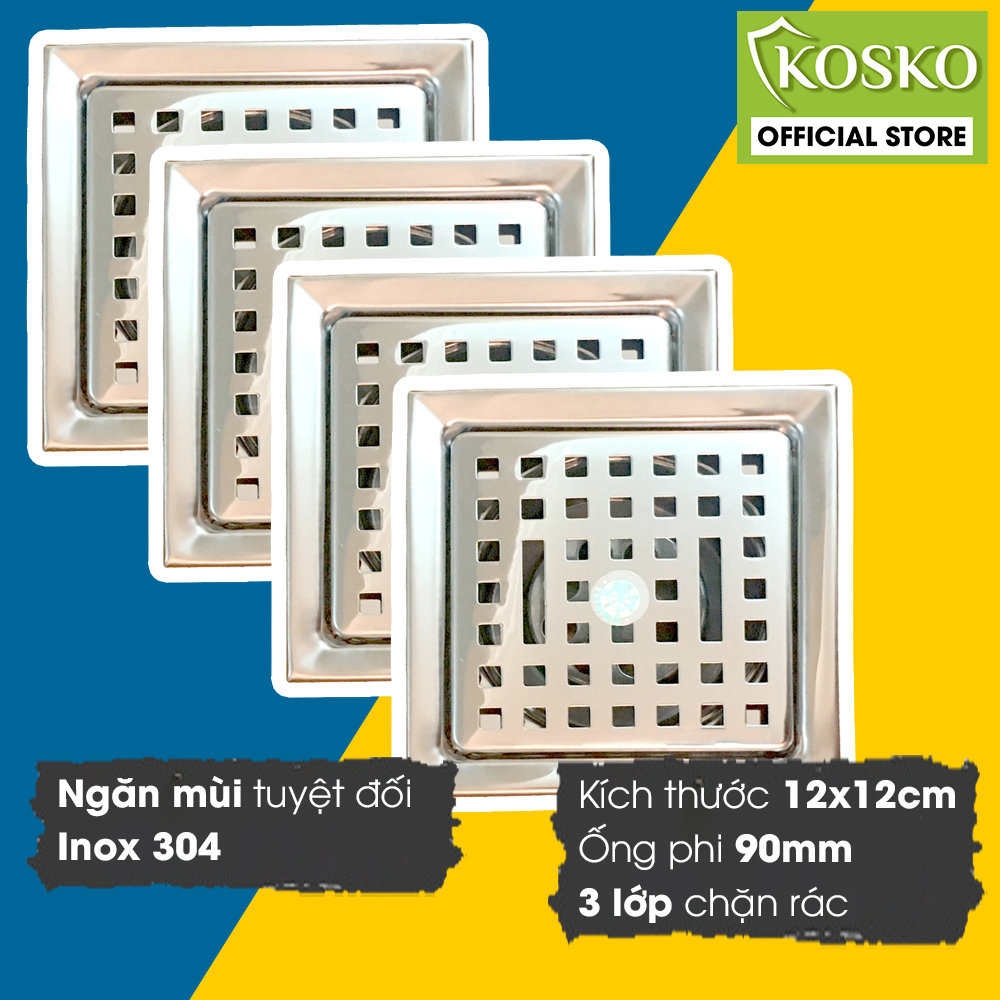 Bộ 4 ga thoát sàn – phễu thoát sàn INOX Vinahasa 12x12cm Phi 90mm Chống Hôi – Lọc Rác 3 lớp hiệu quả G435 (Bảo hành 12 tháng – 1 đổi 1 trong 7 ngày)