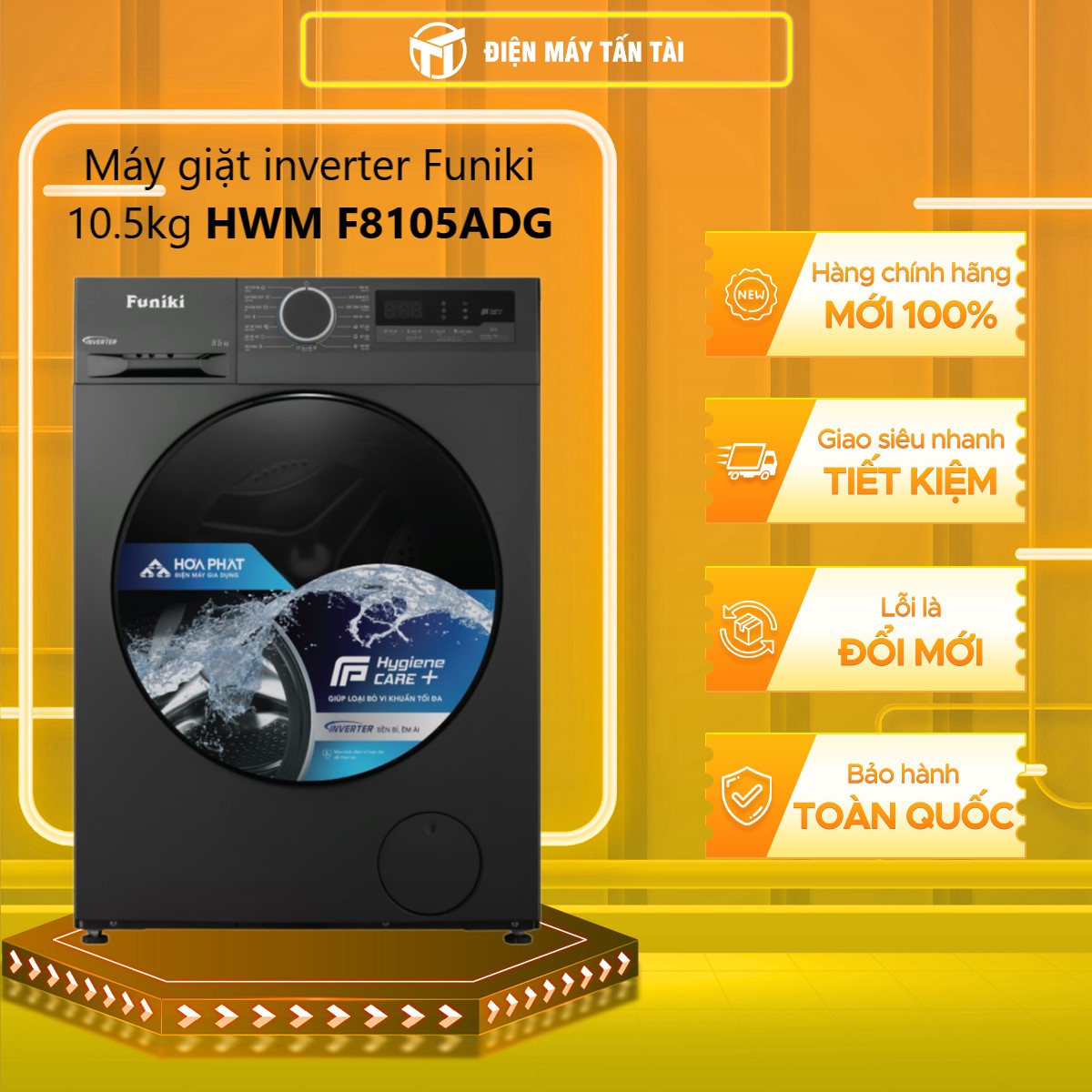 Máy giặt cửa trước inverter Funiki 10.5kg HWM F8105ADG - Ghi đậm, 72kg, Thái Lan