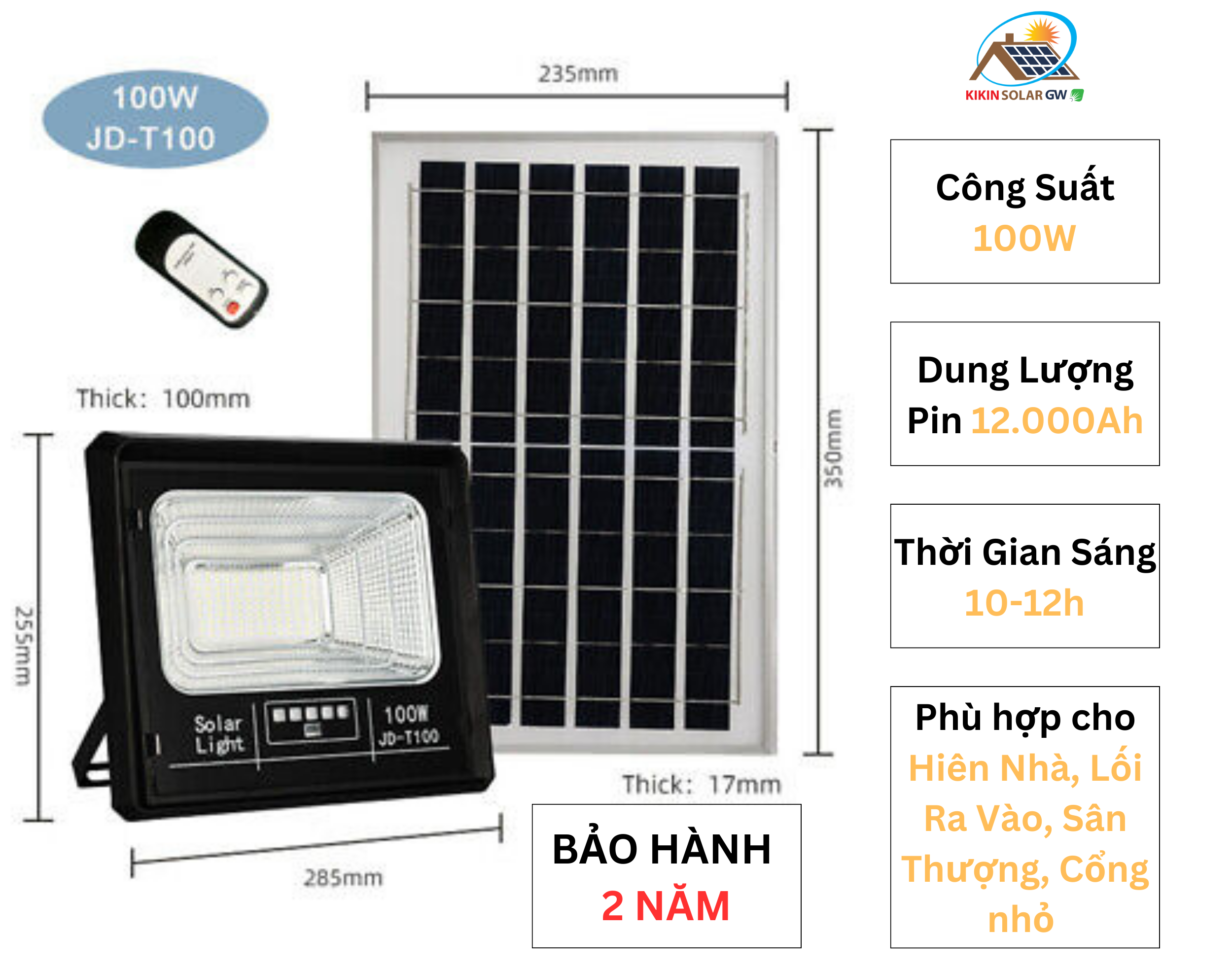 Đèn năng lượng mặt trời JD 100W Dòng Tiết Kiệm, Bảo hành 2 năm, Solar Light