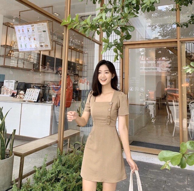 [HCM]Đầm Nữ Cổ Vuông Cách Điệu Xinh Đẹp