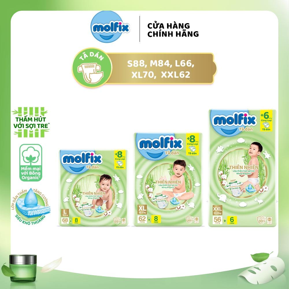 Tã/bỉm dán molfix thiên nhiên super jumbo s80/m76/l68/xl62/xxl56