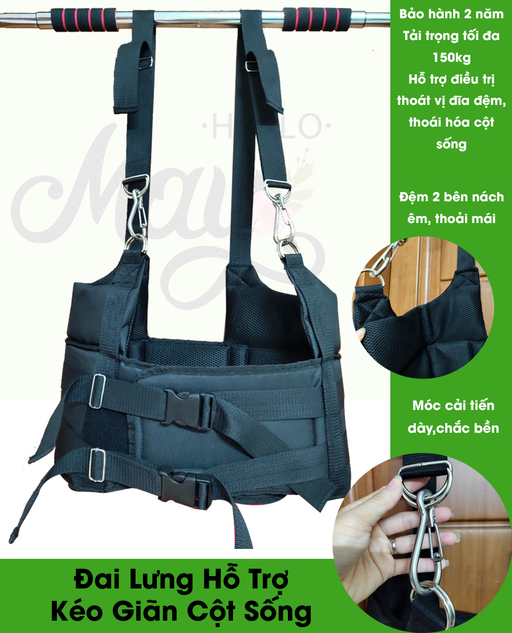 Đai Kéo Giãn Cột Sống - Đai Cải Tiến Khoen SắtAn Toàn, Đai Treo Xà Cho Người Thoát Vị, Thoái Hóa, Đau Lưng Bảo Hành 2 Năm - Mẫu Mới - Ảnh Thật
