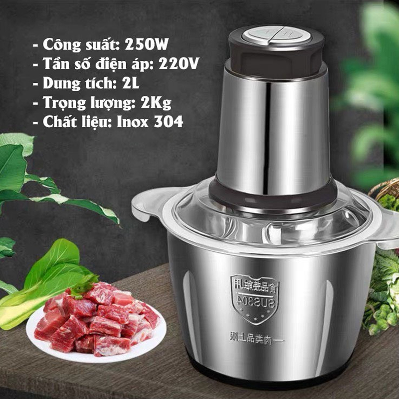 Cối xay thịt, máy xay thực phẩm đa năng, máy xay inox 304 dung tích 2 lít xay nhuyễn thịt, cá, tôm, cua...