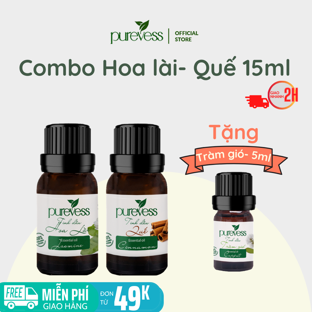 Tinh dầu xông phòng Purevess, tinh dầu Quế 15ml, tinh dầu Hoa Lài 15ml, tặng tinh dầu Tràm 5ml