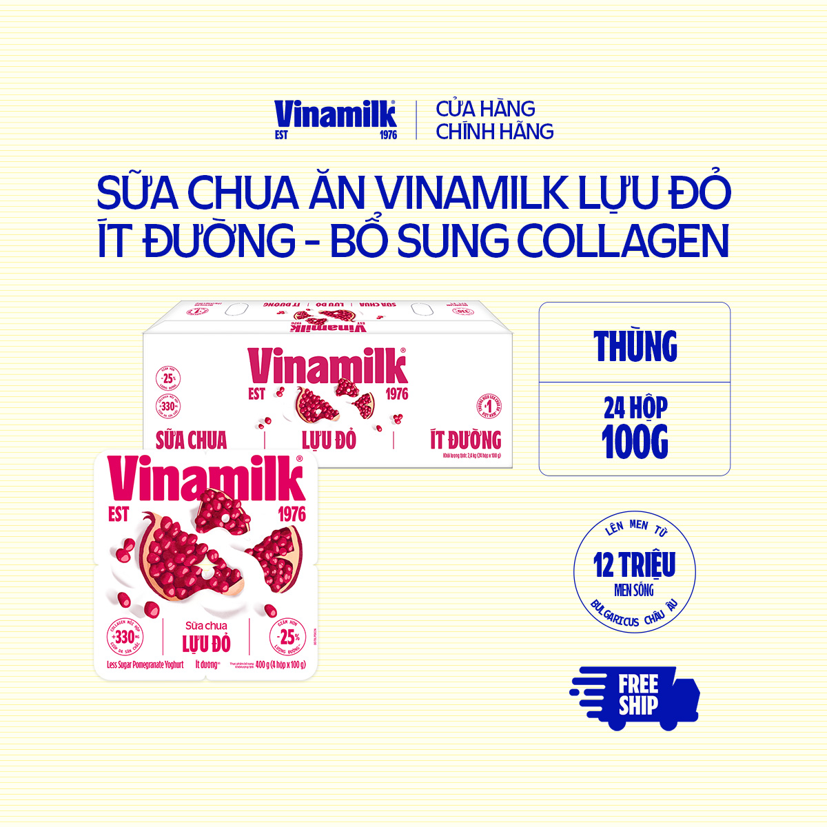Thùng 24 hộp Sữa chua ăn Vinamilk Lựu đỏ Ít Đường - Yaourt 100g
