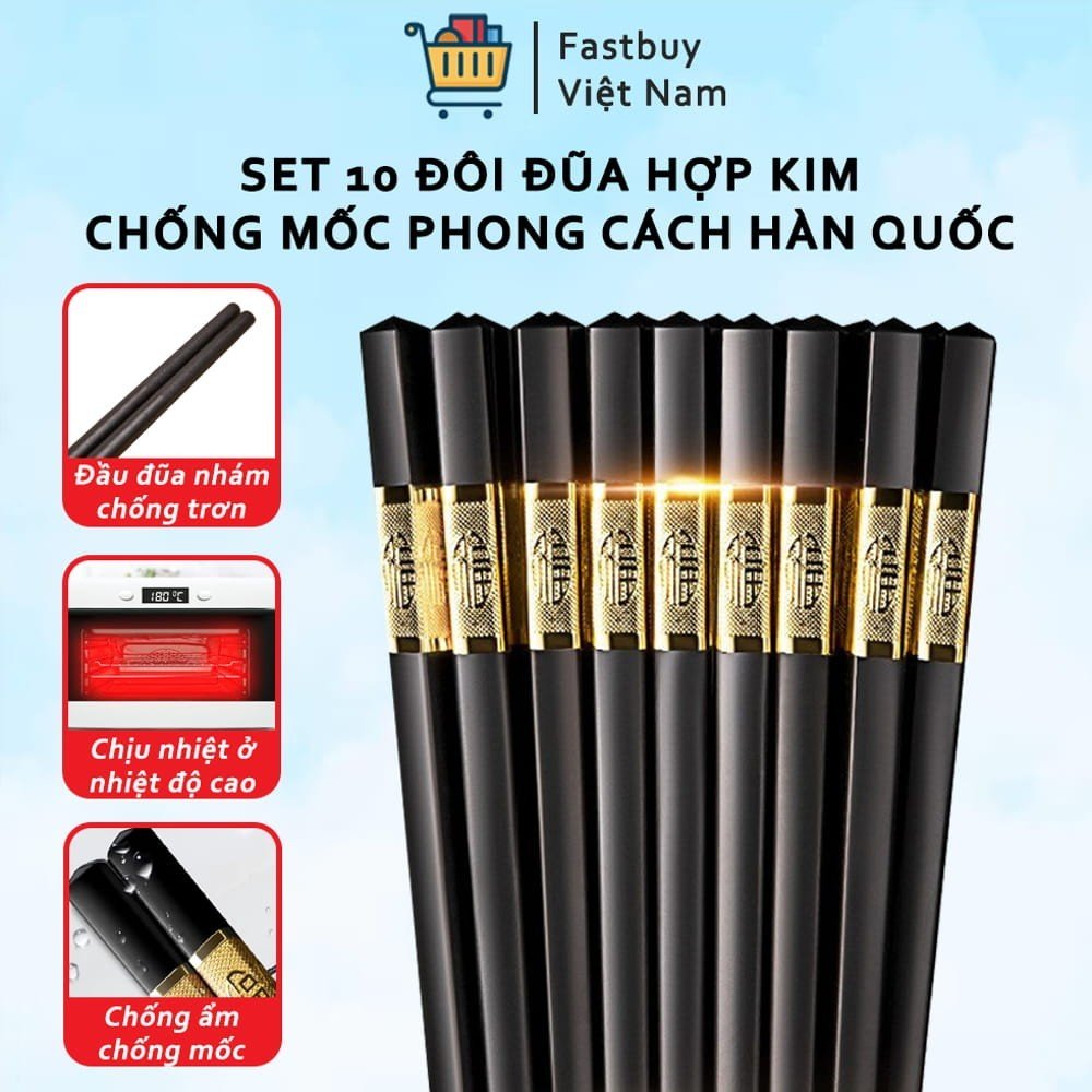 Bộ 10 đôi đũa mạ vàng, đũa hợp kim chống mốc - đuôi đũa được thiết kế bọc viền hoa văn hợp kim cực kỳ tinh tế và sang trọng