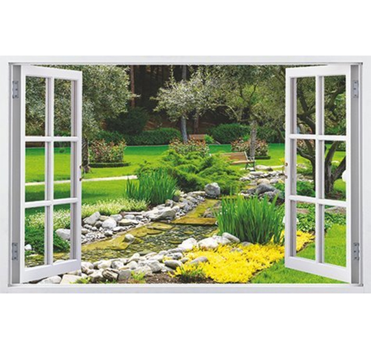 Tranh dán tường 3D cửa sổ khu vườn có sẵn keo dán BINBIN CS74