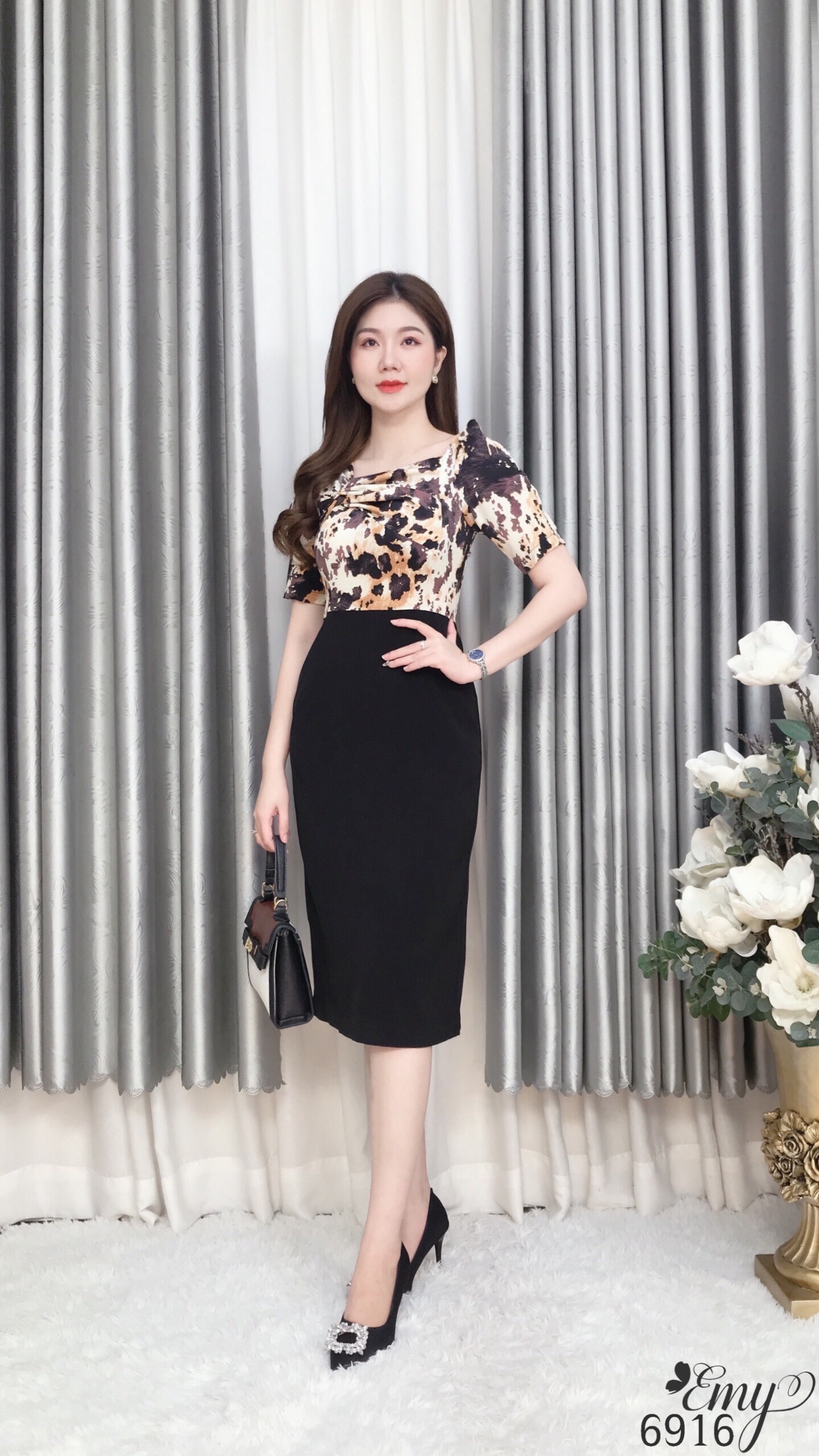 Đầm emy em6916 body phối cổ lệch