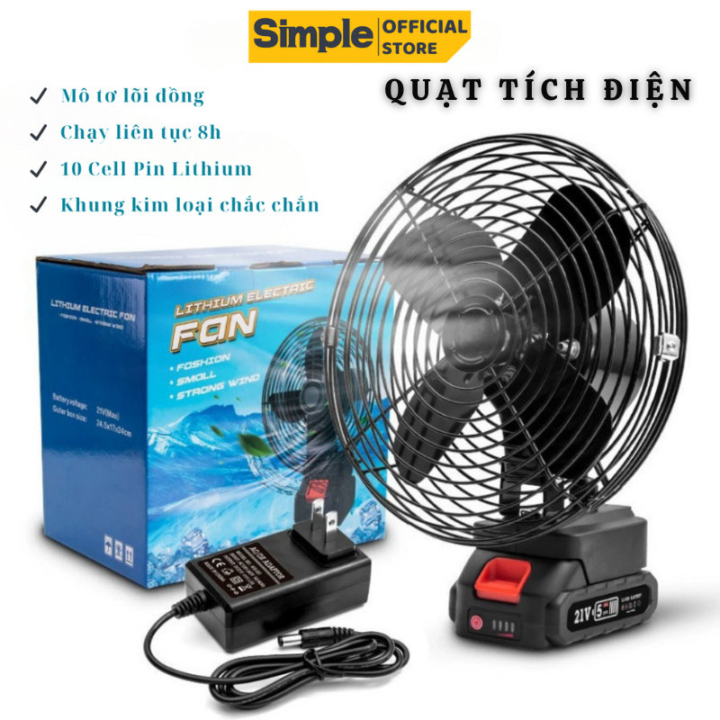 Quạt tích điện pin 10 cell dùng liên tục 8h, quạt pin makita, quạt để bàn tích điện 2 cấp độ gió siêu mát