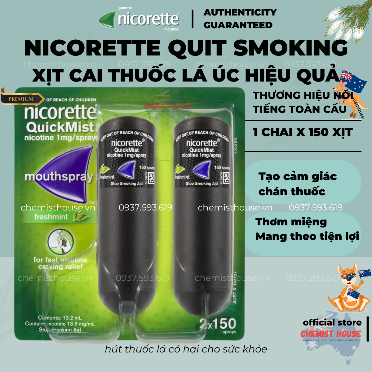 Xịt ngừa thuốc lá úc quit smoking quick mist nico.tine mouth spray 150 lần xịt dập tan cơn thèm khát