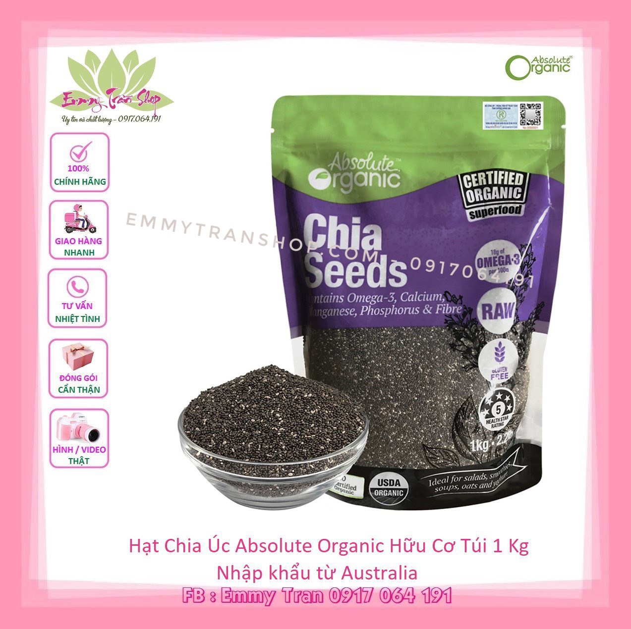 Hạt Chia Úc Absolute Organic Túi 1Kg - Nhập khẩu từ Australia - Emmytran Shop
