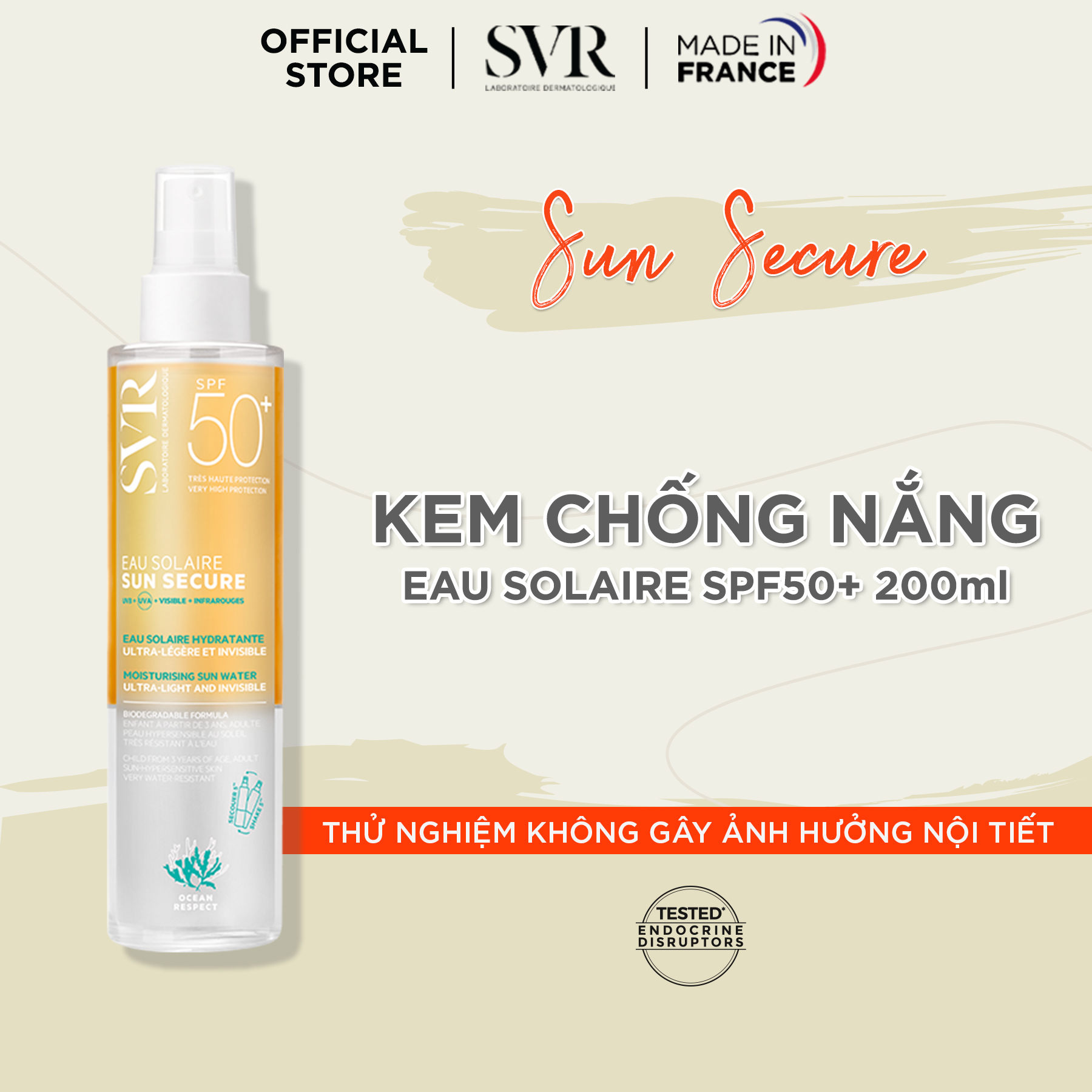 Xịt chống nắng giúp bảo vệ da trước tác động của tia tử ngoại, ánh sáng nhìn thấy svr sun secure eau solaire spf50+200ml